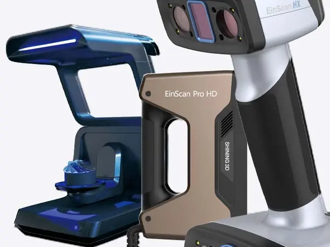Verschiedene 3D Scanner angeordnet vor weißem Hintergrund