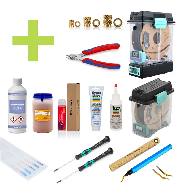 Zubehör Starter Kit für FDM Drucke. Enthalten sind z.B. Trockenbox, Seitenschneider, Entgrater, Reinigungs- und Pflegeprodukte für 3D Drucker