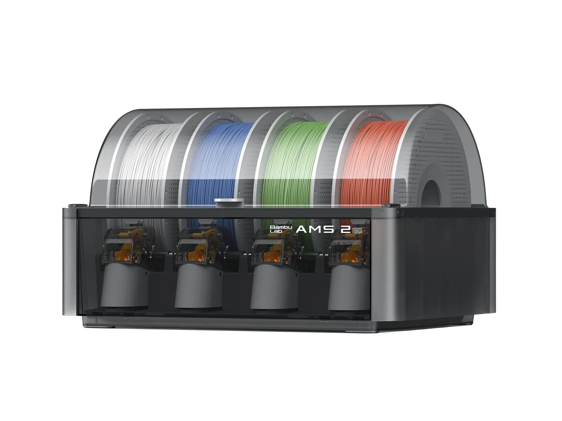 Die AMS 2 Pro von Bambu Lab präsentiert vor weißem Hintergrund