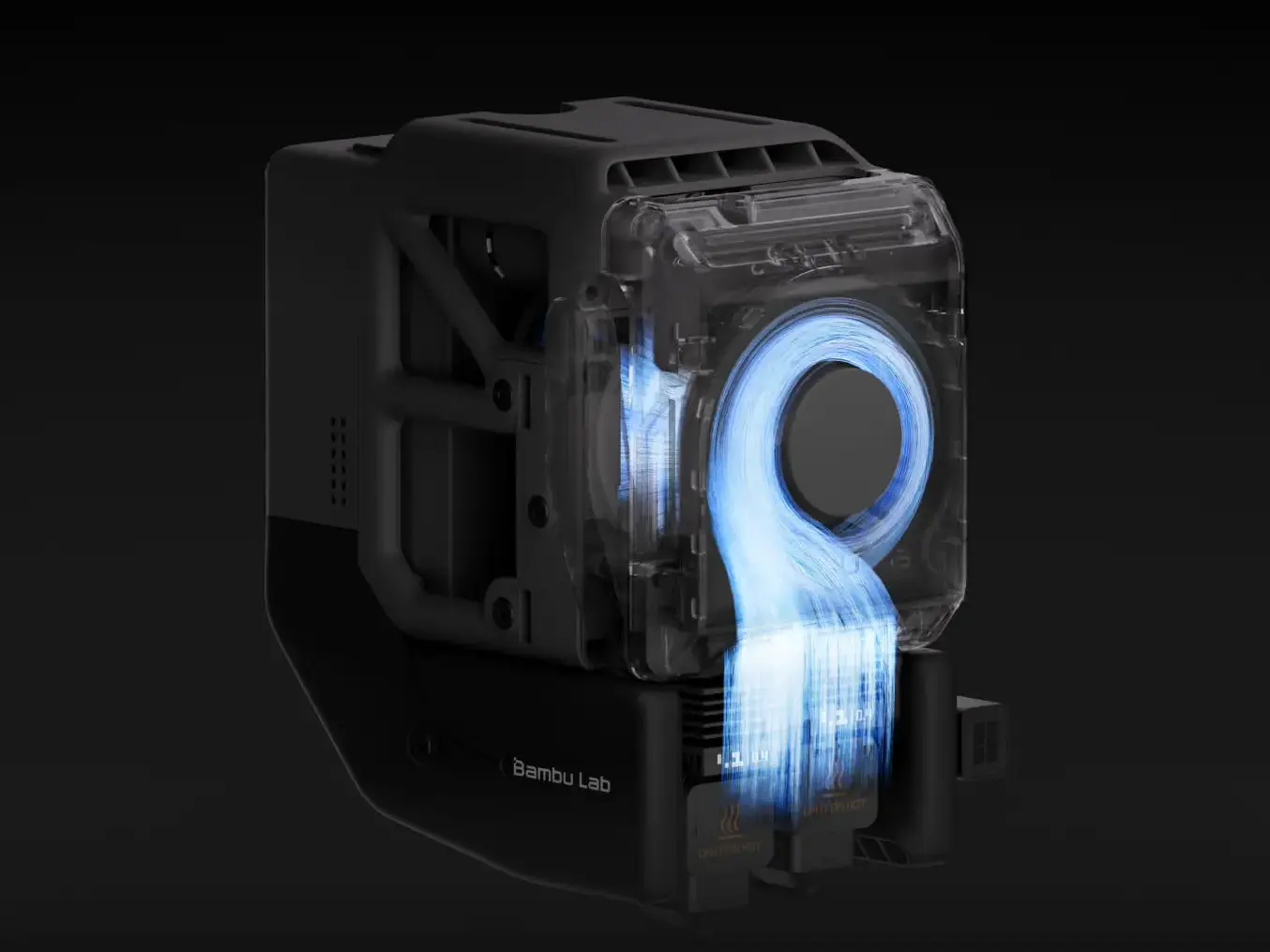 Nahaufnahme von einem H2D Pro Druckkopf, mit visueller Darstellung des Luftstroms zum kühlen